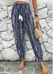 Geometric Print Smocked Navy Jogger Elastic Waist Pants
