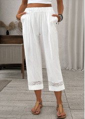 White Straight Leg Elastic Waist High Waisted Pants