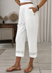White Straight Leg Elastic Waist High Waisted Pants