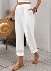 White Straight Leg Elastic Waist High Waisted Pants