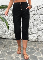 Button Detail High Waisted Black Pants
