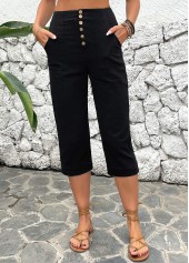 Button Detail High Waisted Black Pants
