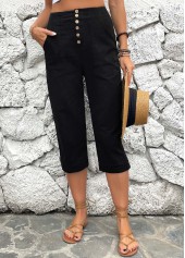 Button Detail High Waisted Black Pants