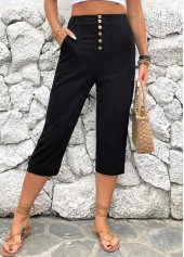 Button Detail High Waisted Black Pants