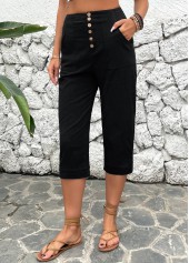 Button Detail High Waisted Black Pants