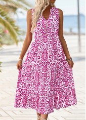 Tribal Print Hot Pink Maxi Sleeveless Split Neck Dress