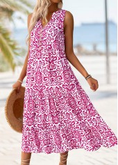 Tribal Print Hot Pink Maxi Sleeveless Split Neck Dress