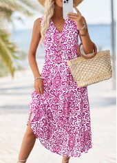 Tribal Print Hot Pink Maxi Sleeveless Split Neck Dress