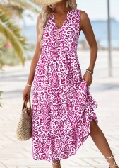 Tribal Print Hot Pink Maxi Sleeveless Split Neck Dress