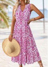 Tribal Print Hot Pink Maxi Sleeveless Split Neck Dress
