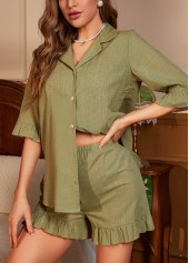Lapel Half Sleeve Olive Green Lounge Top and Shorts