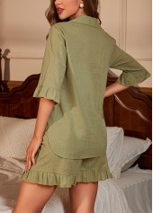 Lapel Half Sleeve Olive Green Lounge Top and Shorts