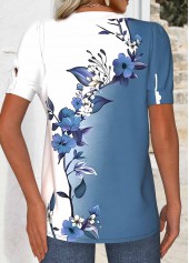 Floral Print Cut Out White Short Sleeve T Shirt