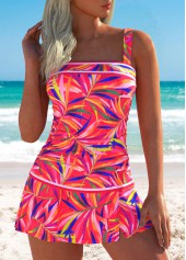 Mid Waisted Leaf Print Ruched Hot Pink Tankini Set