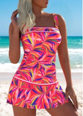 Mid Waisted Leaf Print Ruched Hot Pink Tankini Set