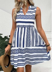 Tribal Print Blue Sleeveless Split Neck Dress