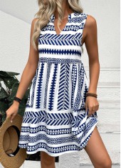 Tribal Print Blue Sleeveless Split Neck Dress