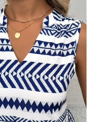 Tribal Print Blue Sleeveless Split Neck Dress