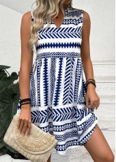 Tribal Print Blue Sleeveless Split Neck Dress