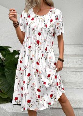 Floral Print Tuck Stitch White A Line Dress