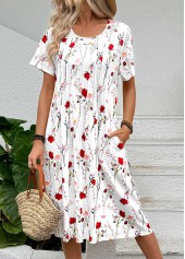 Floral Print Tuck Stitch White A Line Dress