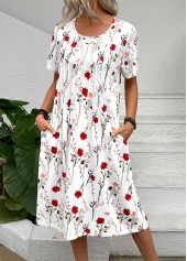 Floral Print Tuck Stitch White A Line Dress