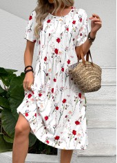 Floral Print Tuck Stitch White A Line Dress