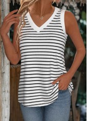 Striped White Sleeveless V Neck Tank Top
