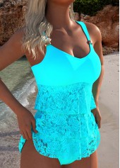 V Neck Lace Cyan Tankini Set