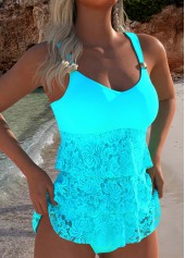 V Neck Lace Cyan Tankini Set