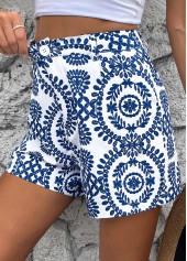 Plants Print Button Royal Blue Straight Leg Shorts