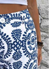 Plants Print Button Royal Blue Straight Leg Shorts