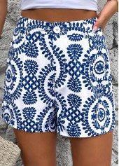 Plants Print Button Royal Blue Straight Leg Shorts