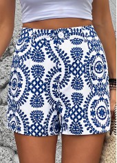 Plants Print Button Royal Blue Straight Leg Shorts