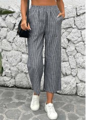Striped Black Straight Leg Elastic Waist Mid Waisted Pants