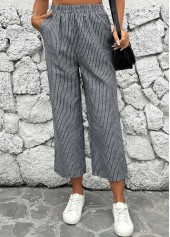 Striped Black Straight Leg Elastic Waist Mid Waisted Pants