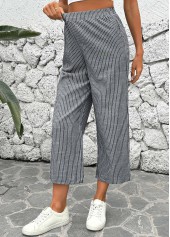 Striped Black Straight Leg Elastic Waist Mid Waisted Pants