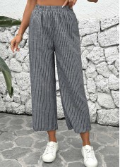 Striped Black Straight Leg Elastic Waist Mid Waisted Pants
