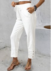 Straight Leg Drawastring Mid Waisted White Pants