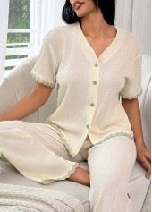 Beige V Neck Short Sleeve Lounge Top and Pants