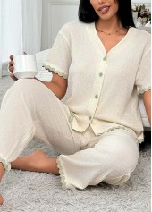 Beige V Neck Short Sleeve Lounge Top and Pants