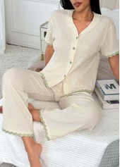 Beige V Neck Short Sleeve Lounge Top and Pants