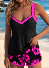 Mid Waisted Floral Print Contrast Binding Tankini Set