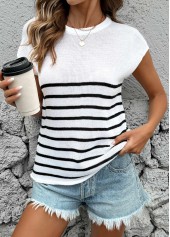 Striped White Short Sleeve Round Neck T Shirt