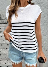Striped White Short Sleeve Round Neck T Shirt