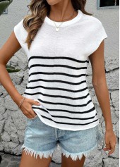 Striped White Short Sleeve Round Neck T Shirt