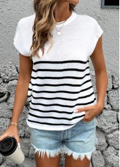 Striped White Short Sleeve Round Neck T Shirt