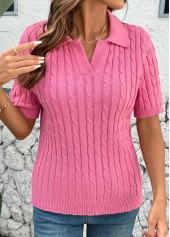Turn Down Collar Hot Pink Short Sleeve Blouse
