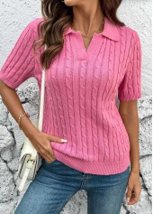 Turn Down Collar Hot Pink Short Sleeve Blouse