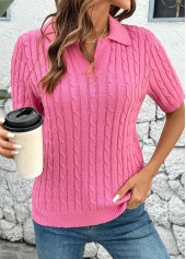 Turn Down Collar Hot Pink Short Sleeve Blouse